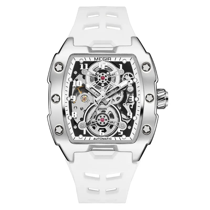 Standout from the crowd Trendy Megir 8602 Sport Automatic Men Watch Waterproof White Silicone Strap Mechanical With Tonneau Hollowed-out Dial
