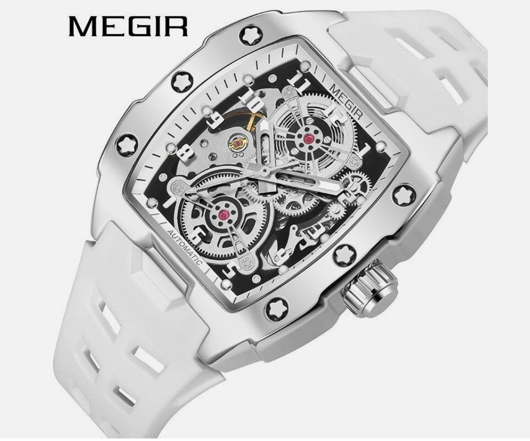 Standout from the crowd Trendy Megir 8602 Sport Automatic Men Watch Waterproof White Silicone Strap Mechanical With Tonneau Hollowed-out Dial